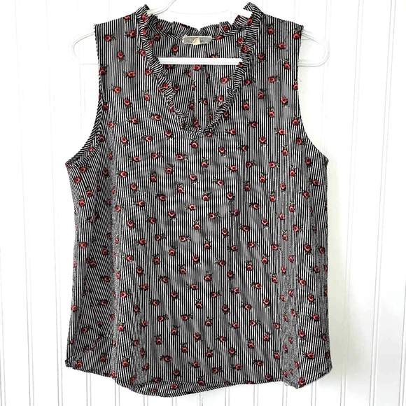 PLEIONE Black/White Stripes Red Floral Print Chic Sleeveless Camisole Blouse Top - Picture 5 of 6